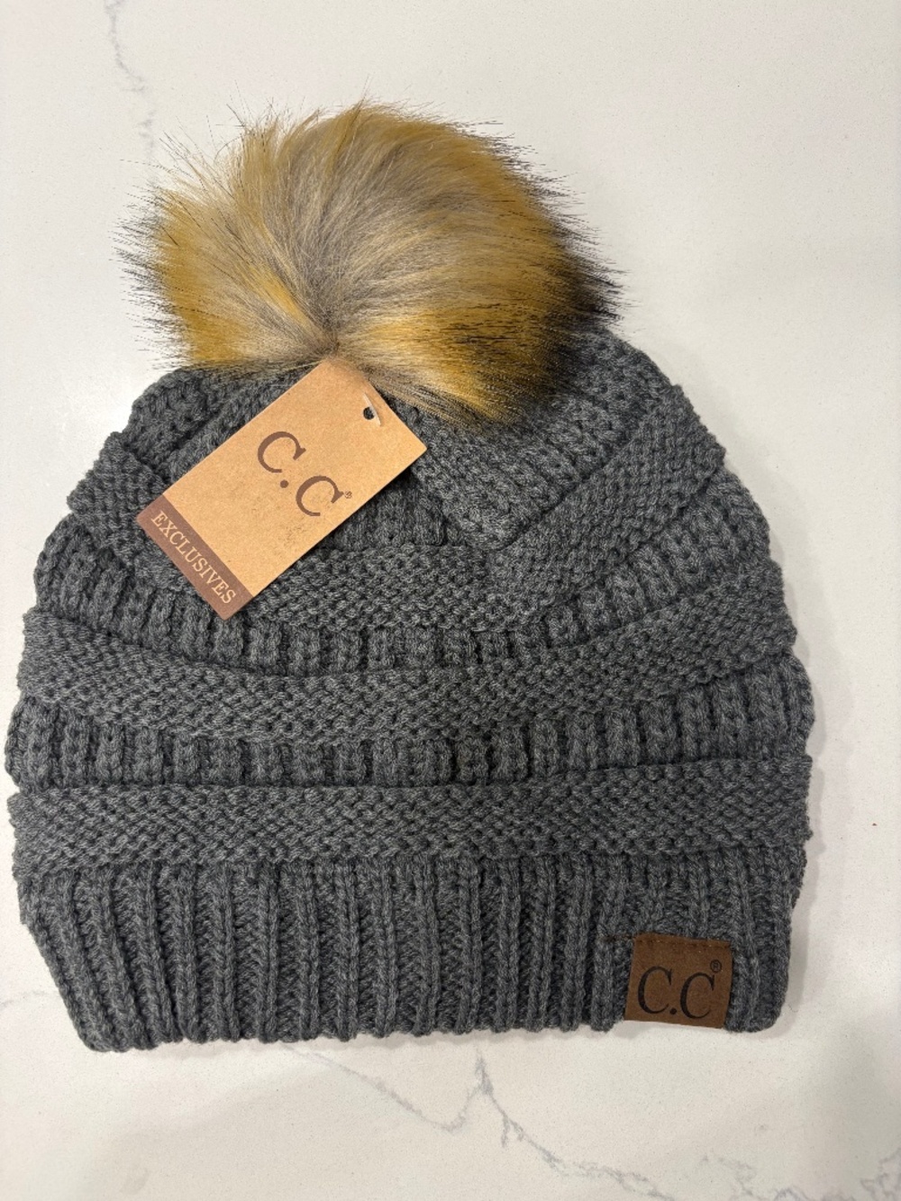 C.C Dark Melange Grey Ribbed Hat With Faux Fur Pom